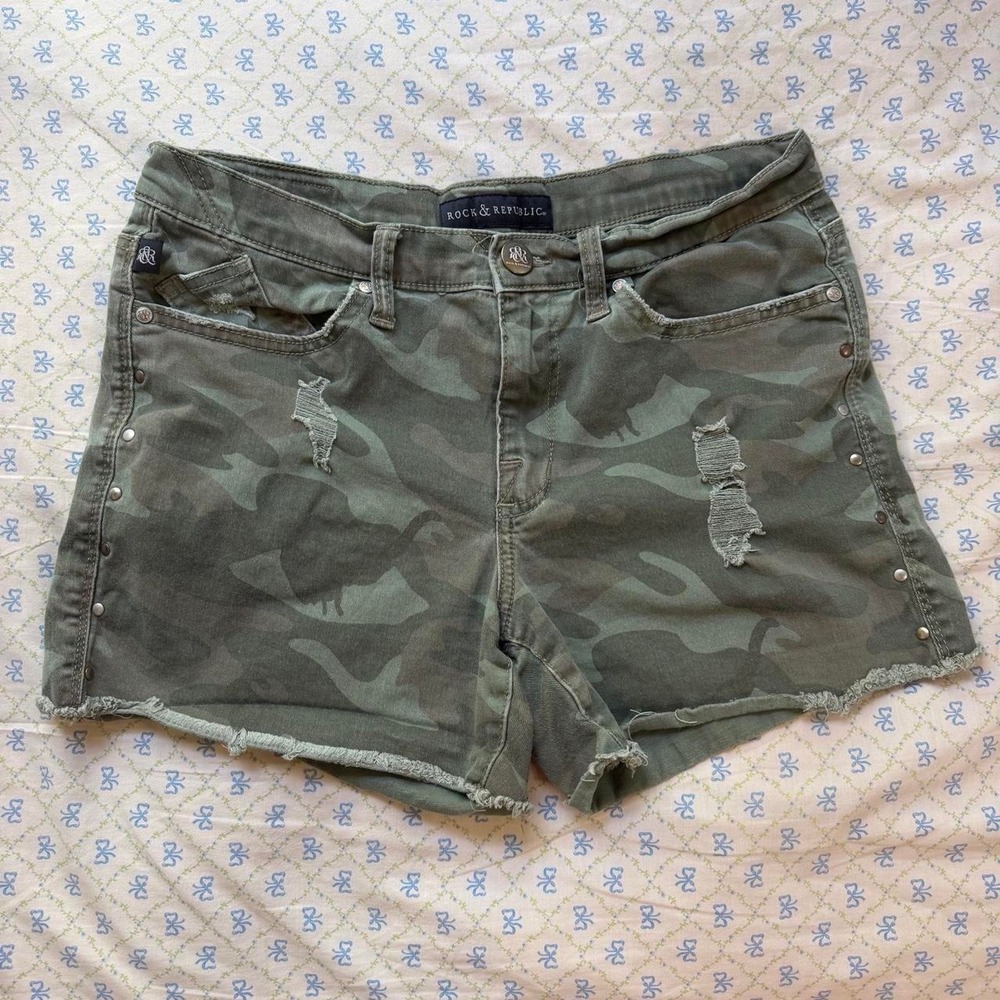 Mid-Rise Camo Shorts with Distressing and Studded Details, Size 10